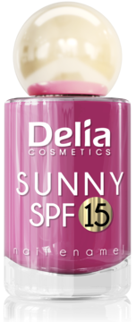 Delia Cosmetics Sunny SPF 15 fuksjowy lakier do paznokci w butelce, perłowa nakrętka, przód.