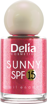 Różowy, iskrzący lakier do paznokci Delia Cosmetics SUNNY SPF 15 w szklanej butelce, widok z przodu.