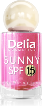 Różowy, brokatowy lakier Delia Cosmetics Sunny SPF 15 w szklanej butelce z perłową zakrętką, widok z przodu.