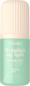 ONLYBIO It makes me nuts perfumowana mgiełka do ciała i włosów, miętowo-beżowa butelka z różowym napisem, widok z przodu.