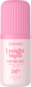 ONLYBIO I might blush: perfumowana mgiełka rabarbar-piwonia do ciała i włosów. Biała butelka, różowa nakrętka.