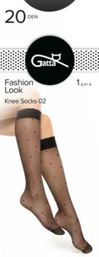 Gatta Fashion Look 02: czarne, transparentne podkolanówki 20 DEN w groszki, założone na kobiece nogi, przód.