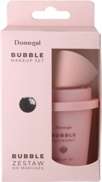Różowy zestaw Donegal Bubble Raspberry: gąbeczka do makijażu z etui w kształcie kubeczka, w pudełku z oknem.