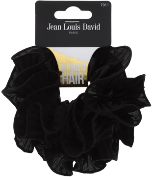 Błyszcząca czarna gumka do włosów Jean Louis David Urban Hair, z falbankami, na tle czarnej zawieszki.