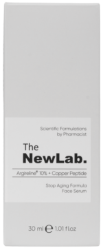 Szare opakowanie The NewLab. serum przeciwstarzeniowe z Argireline 10% i peptydem miedzi, widok z przodu.