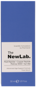 The NewLab. Multi Peptide face serum, blue and white box (30ml) with Matrixyl 3000 and Syn Ake, frontal view.