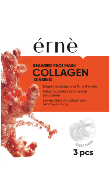 Opakowanie maski ernè Seaweed Face Mask Collagen Ginseng, 3 szt., z pomarańczowym tłem i grafiką korzeni żeń-szenia.