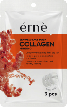 érnè Seaweed Face Mask Collagen Ginseng, biała saszetka z pomarańczowym pasem, grafiką imbiru, widok z przodu.