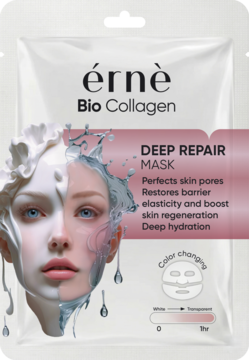 érnè Bio Collagen Deep Repair Mask, biała saszetka z ilustracją twarzy, opisem działania nawilżającego, widok z przodu.