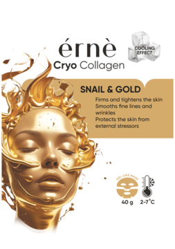 érnè Cryo Collagen Snail & Gold, chłodząca maska do twarzy, złote opakowanie z twarzą, ujęcie z przodu.