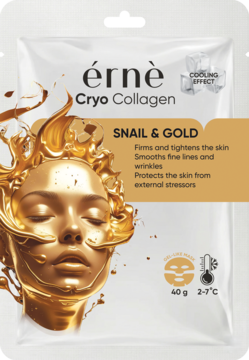 Biała maska w płachcie érnè Cryo Collagen Snail & Gold, widok z przodu, złota grafika twarzy z efektem chłodzenia.