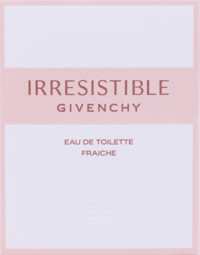 Front opakowania wody toaletowej Givenchy Irresistible Fraiche. Różowe pudełko z biało-różowym pasem i białym tekstem.