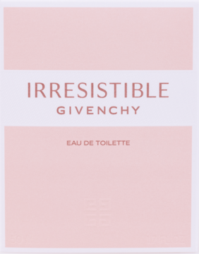 Givenchy Irresistible Eau de Toilette. Jasnoróżowe opakowanie z białym pasem i różowymi napisami, widok z przodu.