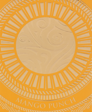 Złote opakowanie zapachu Mango Punch, zbliżenie na okrągły, tłoczony wzór z promienistym obramowaniem.