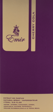 Przednie ujęcie purpurowego pudełka perfum Emir Cherry Cola 75ml, z jasnobeżowym panelem i złotym logo lwa.