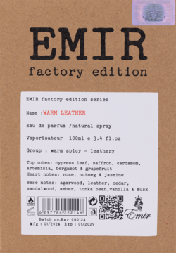 Opakowanie perfum EMIR Warm Leather 100ml. Kartonowe pudełko z białą etykietą, front, nuty ciepłej skóry i przypraw.
