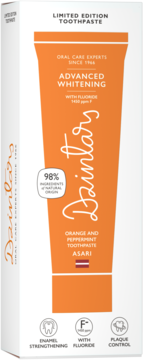 Dzintars Limited Edition Advanced Whitening toothpaste box, orange tube design, with fluoride & 98% natural ingredients.