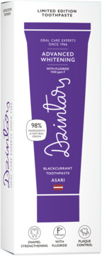 Dzintars Advanced Whitening Blackcurrant Toothpaste w fioletowej tubce, w białym kartoniku, widok z przodu.