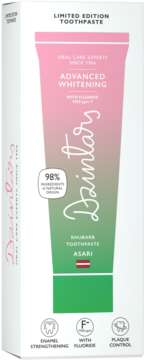 Dzintars Rhubarb Advanced Whitening Limited Edition Toothpaste w białym pudełku, widok z przodu, gradient róż-zielony.