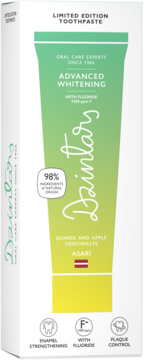 Front view of Dzintars Limited Edition Quince & Apple 98% natural origin Advanced Whitening Toothpaste box.