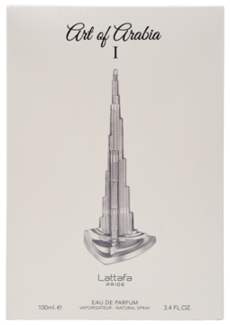 Białe pudełko perfum Lattafa Pride Art of Arabia I EDP 100ml, ze srebrną grafiką wieżowca, widok z przodu.