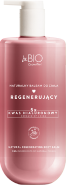 beBIO regenerujący balsam do ciała 5x kwas hialuronowy i CICA, różowa butelka z pompką, widok z przodu.