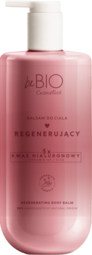 Różowy balsam do ciała beBIO Cosmetics Regenerujący z 5x kwasem hialuronowym, butelka z pompką, widok z przodu.