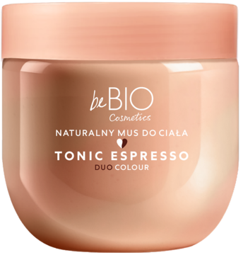 beBIO Naturalny mus do ciała Tonic Espresso, brzoskwiniowo-beżowy słoik z etykietą 'Duo Colour', widok z przodu.