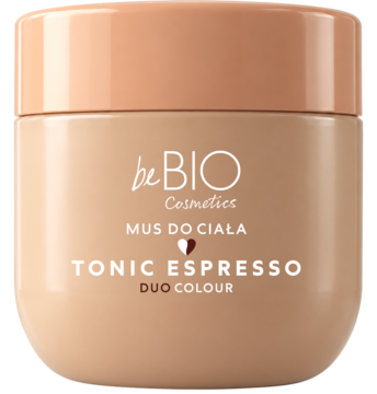 Beżowy mus do ciała beBIO Tonic Espresso Duo Colour w okrągłym słoiku z brązową nakrętką, widok z przodu.