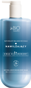 Nawilżający balsam do ciała beBIO z 5x kwasem hialuronowym, niebieska butelka z białą pompką, widok z przodu.