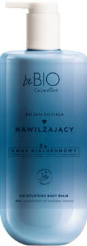 Nawilżający balsam do ciała beBIO, niebieska butelka z białą pompką, widok z przodu, z napisem 5x kwas hialuronowy.