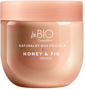 beBIO Naturalny mus do ciała honey & fig w beżowym, dwuwarstwowym słoiczku, widok z przodu. Odżywcza formuła.