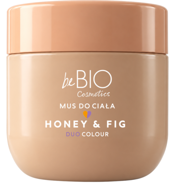 beBIO Honey & Fig Duo Colour mus do ciała, okrągły słoik w odcieniach beżu i brązu, widok z przodu.