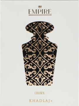 Białe pudełko perfum Khadlaj Crown Empire. Z przodu czarna butelka ze złotym, misternym wzorem.