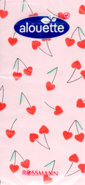 Alouette chusteczki, różowe opakowanie w czerwone wiśnie w kształcie serc, z logo Rossmann. Widok z przodu.