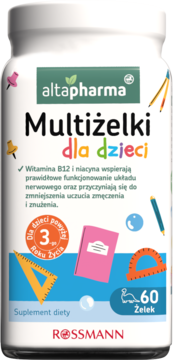 Biała butelka Altapharma Multiżelki dla dzieci, 60 żelków. Kolorowa etykieta z grafiką szkolną, frontalny widok.