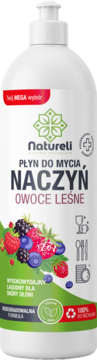 Natureli płyn do mycia naczyń Owocowe Leśne w białej butelce z pompką, widok z przodu, z ilustracją leśnych owoców.