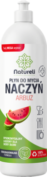 Biała butelka Natureli Płyn do naczyń o zapachu arbuza z pompką, widok z przodu, z zielonym logo i arbuzem.