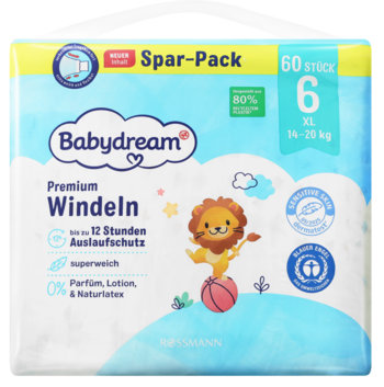 Opakowanie pieluszek Babydream Premium Windeln XL (14-20 kg), 60 sztuk, do 12h ochrony, z lwem, błękitno-białe, widok z przodu.