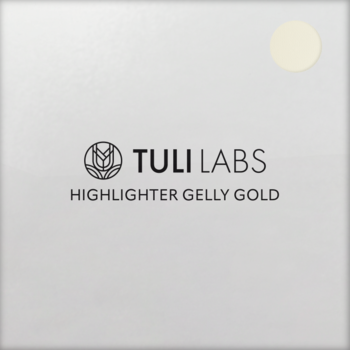 Rozświetlacz Tuli Labs Gelly Gold. Kwadratowy kompakt w jasnym odcieniu z logo, okrągły złoty swatch w rogu, widok z góry.