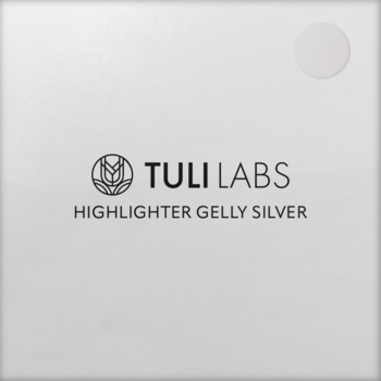 TULI LABS Highlighter Gelly Silver: biały kompakt z logo, nazwą i okrągłym, srebrzystym swatche, widok z góry.