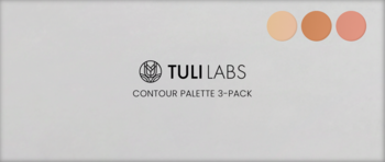 Tuli Labs Contour Palette 3-Pack, jasnoszare pudełko z logo, 3 okrągłe odcienie: rozświetlacz, bronzer, róż.