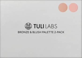 Jasnoszara paleta Tuli Labs Bronze & Blush 2-pack, z logo, widoczna z przodu, z próbkami bronzera i różu.