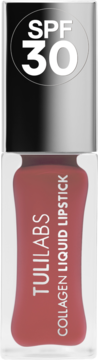 Tuli Labs Collagen Liquid Lipstick, czerwony, z SPF 30, w przezroczystej butelce z metaliczną nakrętką.