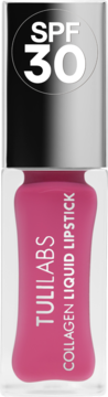 Różowa pomadka Tuli Labs Collagen Liquid Lipstick z filtrem SPF 30 w przezroczystym opakowaniu.