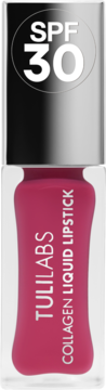 Różowa kolagenowa pomadka Tuli Labs, płynna, z filtrem SPF 30 na srebrnej zakrętce, widok z przodu.
