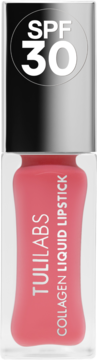 Różowa pomadka Tuli Labs Collagen Liquid Lipstick z filtrem SPF 30, w przezroczystej butelce, widok z przodu.