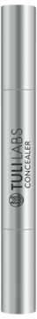 Srebrny, metaliczny korektor Tuli Labs w cylindrycznej tubce, z pionowymi napisami 'TULI LABS CONCEALER', widok z przodu.