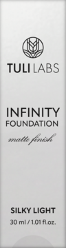 Tuli Labs Infinity Foundation, matowy podkład Silky Light 30ml w szarym opakowaniu, widok z przodu.