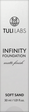 Matujący podkład TULI LABS Infinity Foundation w odcieniu Soft Sand, białe opakowanie, widok z przodu.